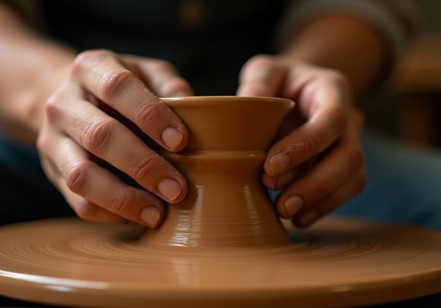 Close-up detail of an artisan's hands gently shaping smooth clay on a spinning pottery wheel in a warm studio light