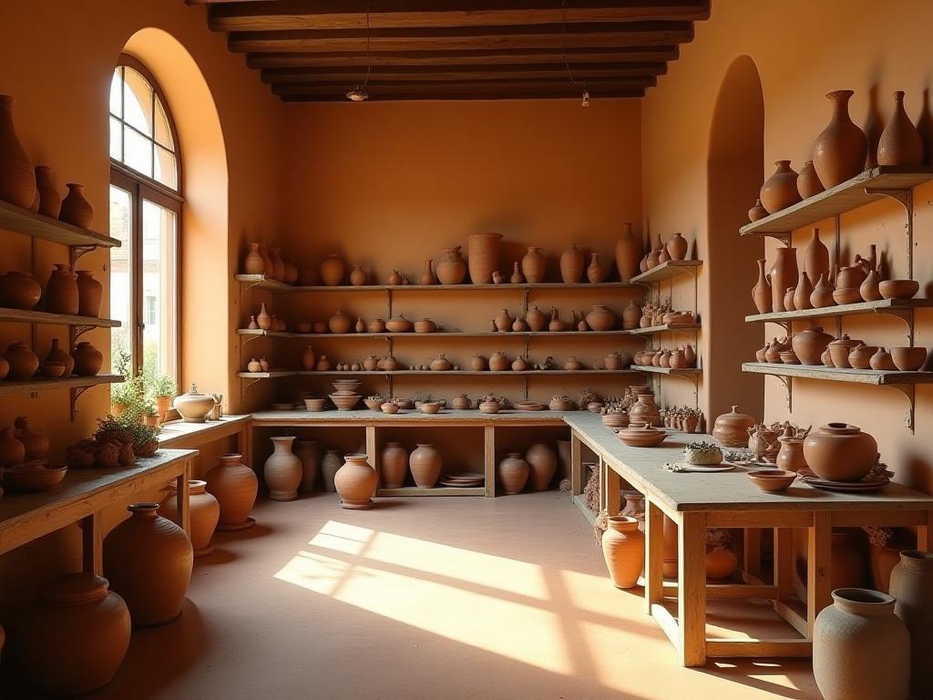 View inside the Bottega d'Argilla ceramic studio in Florence with beautiful pottery displayed, bathed in warm light