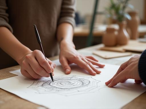Artisan discussing a custom ceramic design sketch with a client in a studio setting