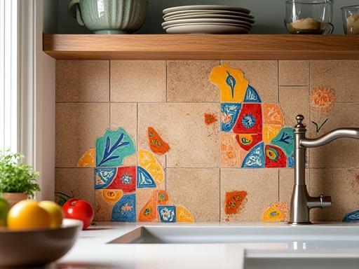 A wall section featuring vibrant, hand-painted custom ceramic tiles arranged in an artistic pattern