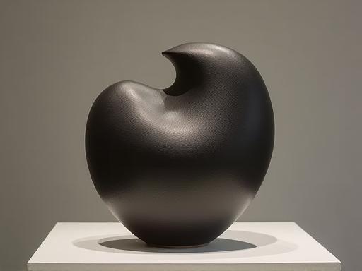 A striking abstract ceramic sculpture with a dark, textured surface displayed on a pedestal